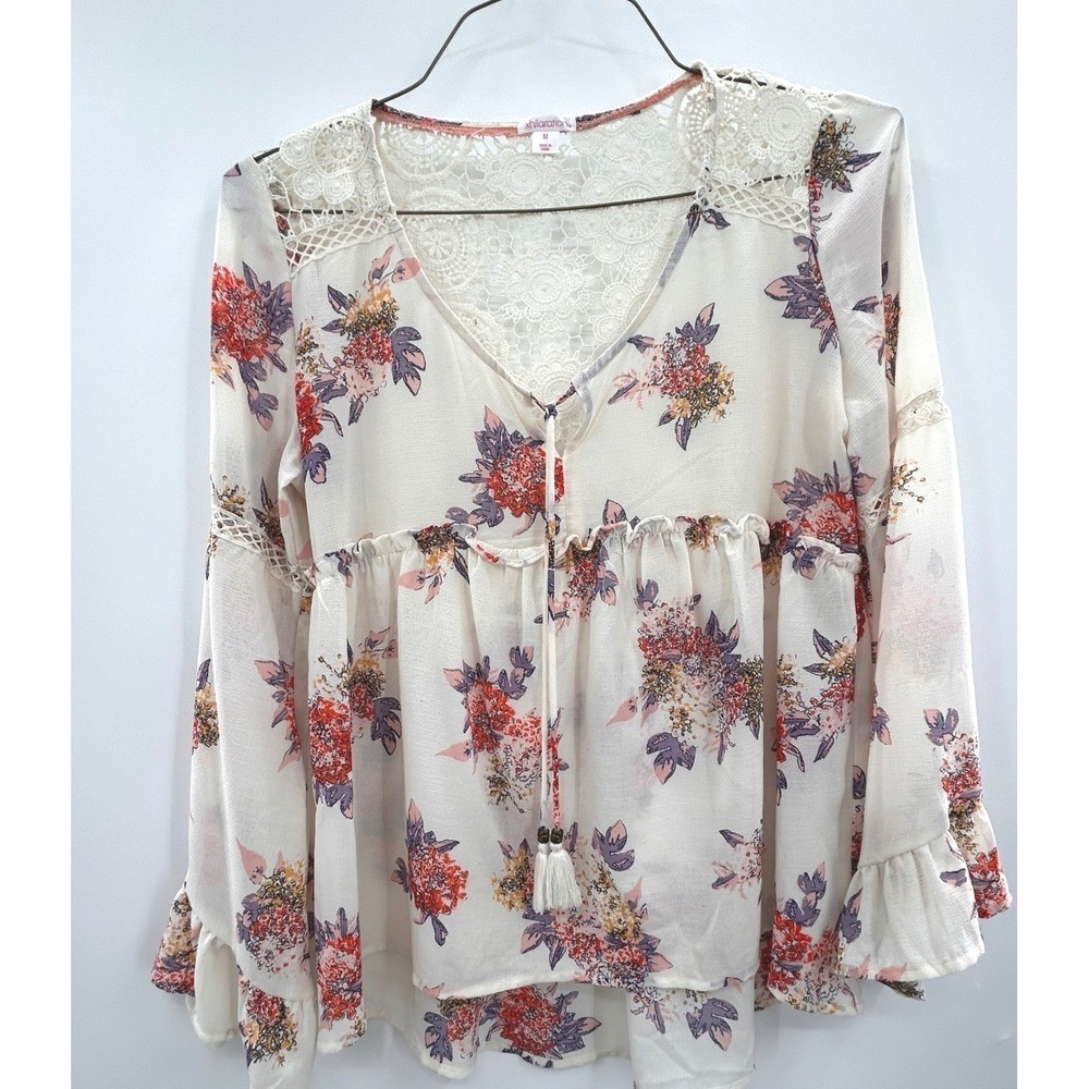 Xhilaration Floral Lace Boho Peasant Blouse Medium Bell Sleeve Top Cottagecore - Picture 2 of 10